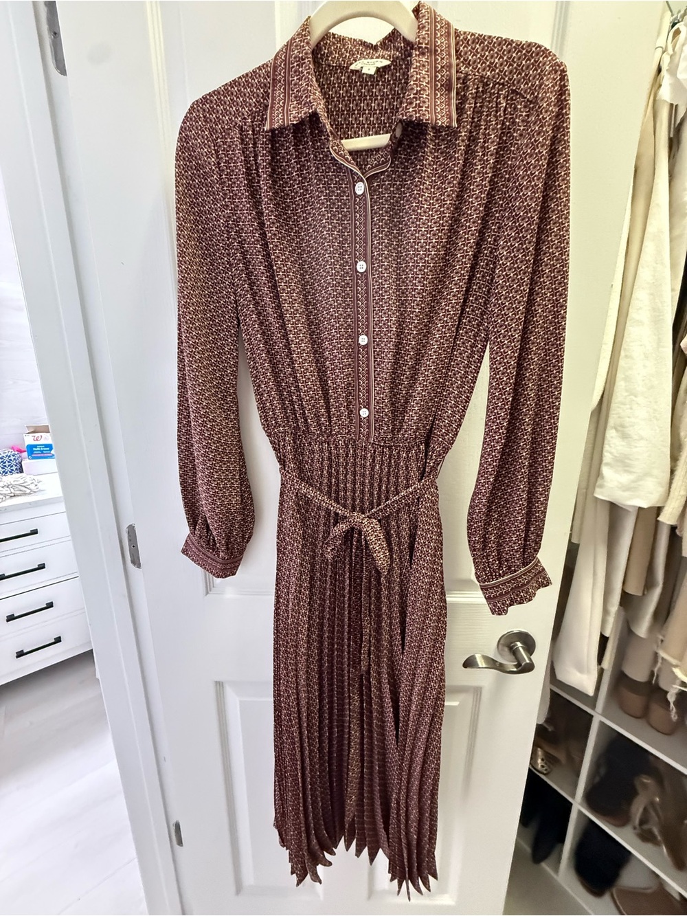 Max Studio Brown Geometric Print Belted Shirt Dress Size S
